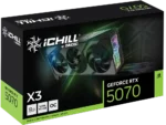 Boxed ichill by inno3d geforce rtx 5070 graphics card with three fans and neon green accents