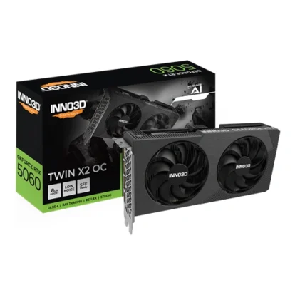 Inno3d twin x2 oc graphics card with dual cooling fans placed in front of its black and green packaging that reads geforce gtx 5060