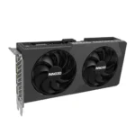 Dual-fan inno3d graphics card shown from the side with a black shroud and pcie bracket visible to the left.