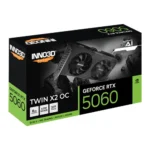 Inno3d geforce rtx 5060 twin x2 oc graphics card box showing two cooling fans and green accents on a black package design.
