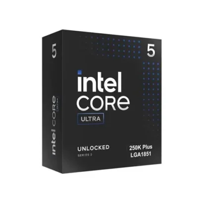 Black intel core ultra processor box with blue dot patterns; features 'unlocked', '250k plus', and lga1851 on the front.