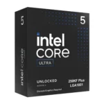 Black intel core ultra processor box with a prominent 'intel core' logo, 'ultra' badge, and the number 5 on the sides, labeled 'unlocked', '250k plus lga1851' and 'discrete graphics required'
