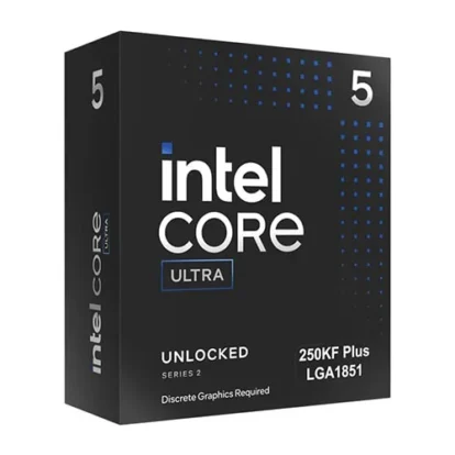 Black Intel Core Ultra processor box with a prominent 'intel core' logo, 'ULTRA' badge, and the number 5 on the sides, labeled 'Unlocked', '250K Plus LGA1851' and 'Discrete Graphics Required'