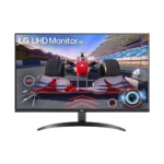 Lg uhd monitor 4k displaying a red formula 1 race car on a racetrack, shown on a sleek curved monitor with a black stand.
