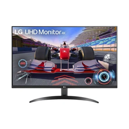 Lg uhd monitor 4k displaying a red formula 1 race car on a racetrack, shown on a sleek curved monitor with a black stand.
