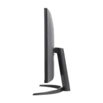 Side view of a black computer monitor with a curved screen and a curved stand