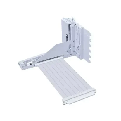 Gray metal sliding rack mount with a hinged extendable tray and vertical mounting plate.