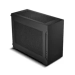 Black mini desktop computer case with a perforated side panel and front usb ports