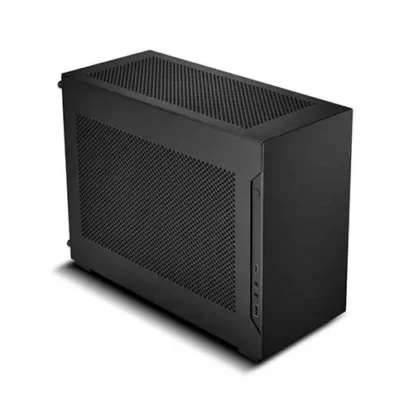 Black mini desktop computer case with a perforated side panel and front usb ports