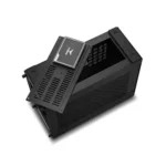 Black mini computer case with the top panel removed, exposing ventilation grills and the interior.