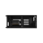 Front view of a black server drive cage with empty drive bays and a few vertical slots for hot-swappable drives