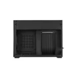 Front view of a black server chassis with drive bays on the right and a perforated ventilation area on the left, mounted in a rack.