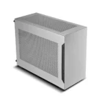 Silver compact computer case with a perforated side panel and front i/o ports, shown at a slight angle for ventilation-focused design.