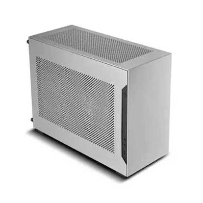 Silver compact computer case with a perforated side panel and front I/O ports, shown at a slight angle for ventilation-focused design.