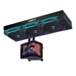 Lian li triple-fan graphics card with rgb lighting, mounted above a small curved display showing a space game scene.