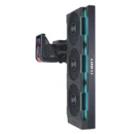 Vertical gpu cooling block with three fans and blue rgb accents, branded lian li, shown connected to a graphics card for mounting in a pc case.