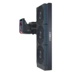 Lian li triple-fan gpu liquid cooling radiator with water block mounted on a graphics card, shown in a dark blue finish with blue accent lines