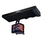 Ceiling-mounted rig with a long black rectangular beam labeled 'lian li' and a curved monitor hanging beneath on a swivel arm.