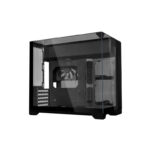 Black mid-tower pc case with a transparent tempered-glass side panel showing internal frame and fan at the rear