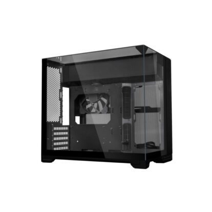 Black mid-tower PC case with a transparent tempered-glass side panel showing internal frame and fan at the rear