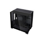 Mid-tower pc case with a dark tempered-glass side panel and front mesh, shown at an angle.