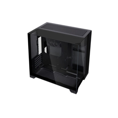 Mid-tower PC case with a dark tempered-glass side panel and front mesh, shown at an angle.