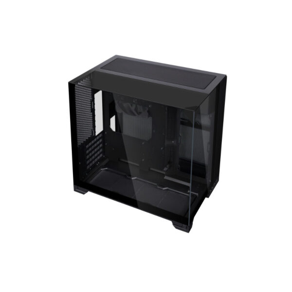 Mid-tower pc case with a dark tempered-glass side panel and front mesh, shown at an angle.