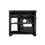 Mid-tower pc case with internal frame and a large front fan visible, side panel removed to show drive bays and cable routing area