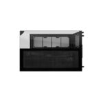Black pc case with a large front mesh panel and a glass/clear side window, shown from the side.