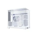 White mid-tower pc case with a transparent side panel showing internal fans and components.