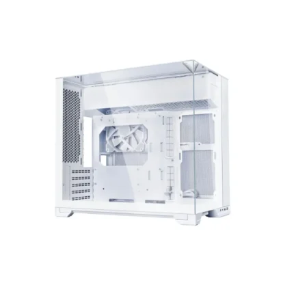 White mid-tower PC case with a transparent side panel showing internal fans and components.