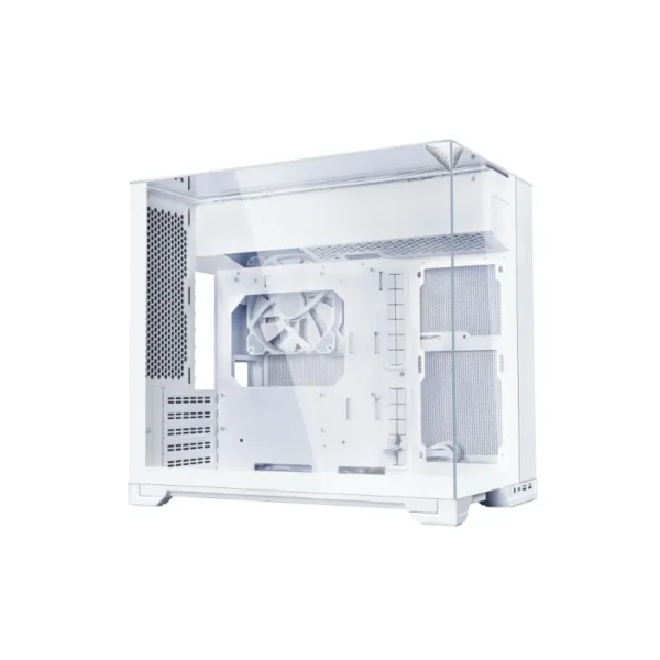 Lian li o11 vision-m 360mm cabinet – white White mid-tower pc case with a transparent side panel showing internal fans and components.