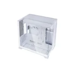 White mid-tower computer case with empty interior and panels removed, viewed from an angled top-left perspective.