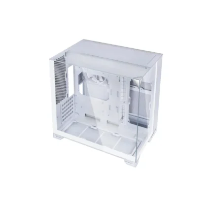 White mid-tower computer case with empty interior and panels removed, viewed from an angled top-left perspective.
