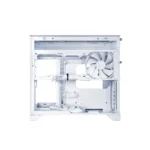White empty mid-tower pc case with side panel removed, exposing internal metal frame and a large front-right cooling fan