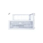 Front view of an industrial white metal equipment cabinet with a perforated mesh door and an upper modular section, isolated on white background.
