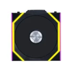 Black square optical drive with neon yellow led accents and pink edges, resembling a gaming rgb-lit drive