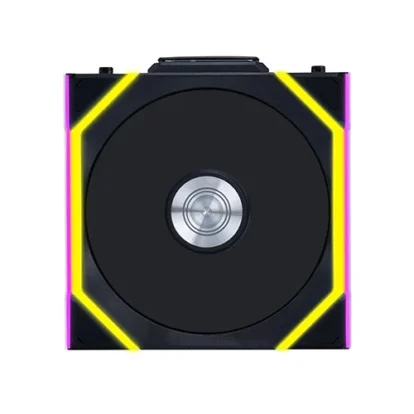 Black square optical drive with neon yellow LED accents and pink edges, resembling a gaming RGB-lit drive