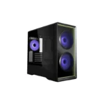Black mid-tower pc case with two large purple-lit front fans and a tempered glass side panel, showing internal components.