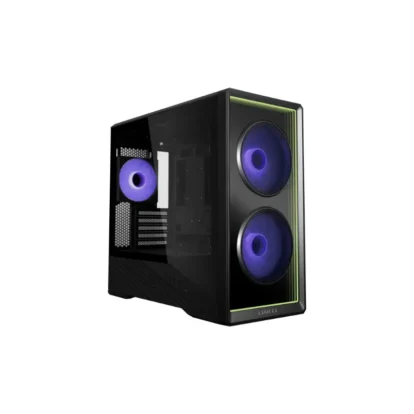 Black mid-tower PC case with two large purple-lit front fans and a tempered glass side panel, showing internal components.