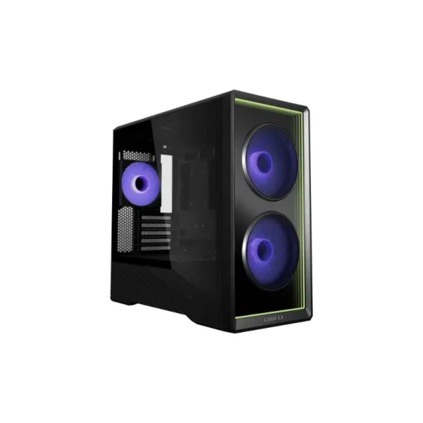 Black mid-tower pc case with two large purple-lit front fans and a tempered glass side panel, showing internal components.