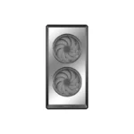 Vertical computer case front panel with two large circular cooling fans on a metallic surface and black frame edge