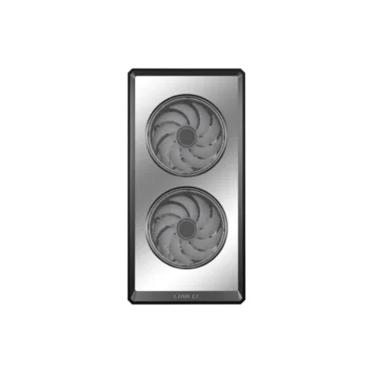 Vertical computer case front panel with two large circular cooling fans on a metallic surface and black frame edge