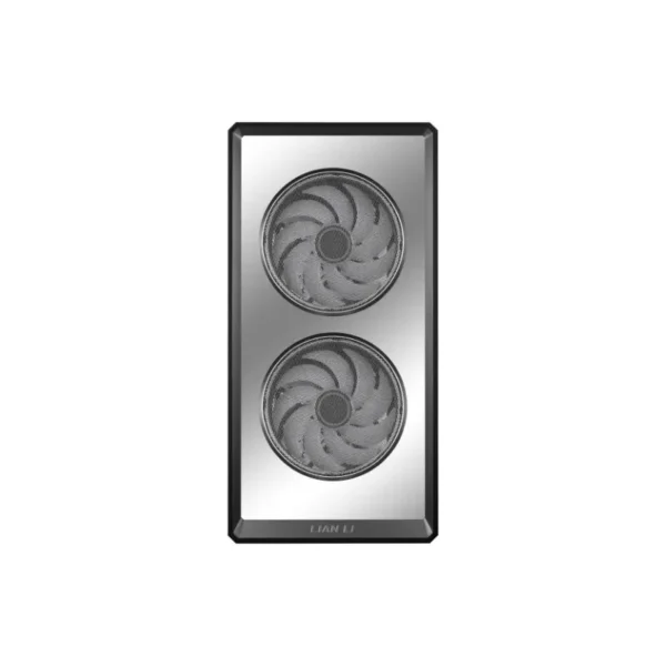 Vertical computer case front panel with two large circular cooling fans on a metallic surface and black frame edge