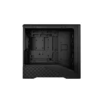 Open black pc case interior shown from the side, with empty motherboard tray and drive bays ready for components.