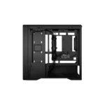 Black mid-tower pc case with the side panel removed, exposing bundled cables and drive bays at the back.