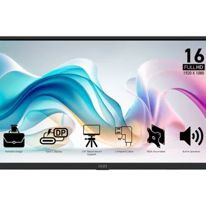 16-inch full hd monitor with portable design, type-c display, tripod mount, vesa compatibility, and built-in speakers.