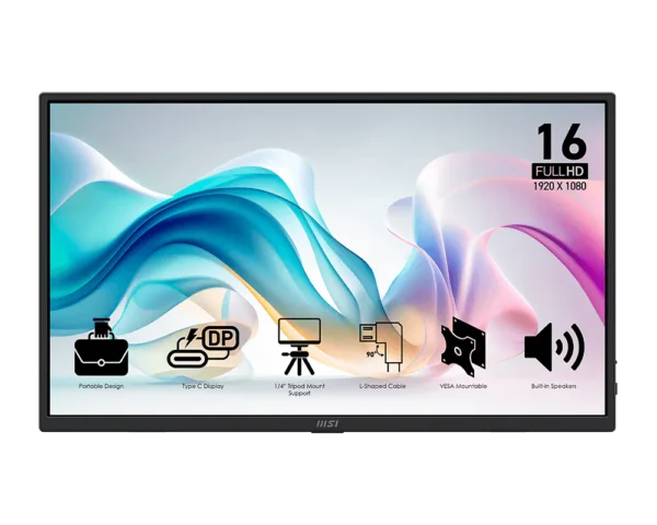 16-inch full hd monitor with portable design, type-c display, tripod mount, vesa compatibility, and built-in speakers.
