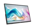 Angled computer monitor displaying a bright abstract wallpaper with blue, teal, and pink ribbon-like shapes on screen