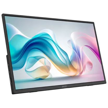 Angled computer monitor displaying a bright abstract wallpaper with blue, teal, and pink ribbon-like shapes on screen